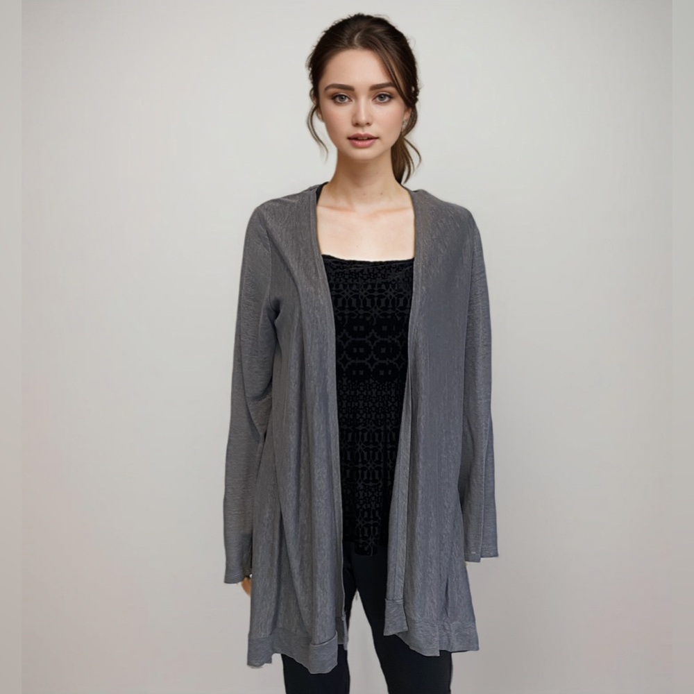 Tahari 100% Linen Hooded Cardigan, Open Front, Grey, Medium
